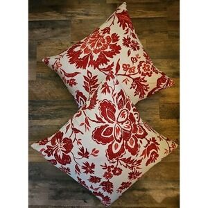 Pottery Barn Pillow Set Linen Blend Floral Red Cream Boho 18 X‎ 18 With Pillows